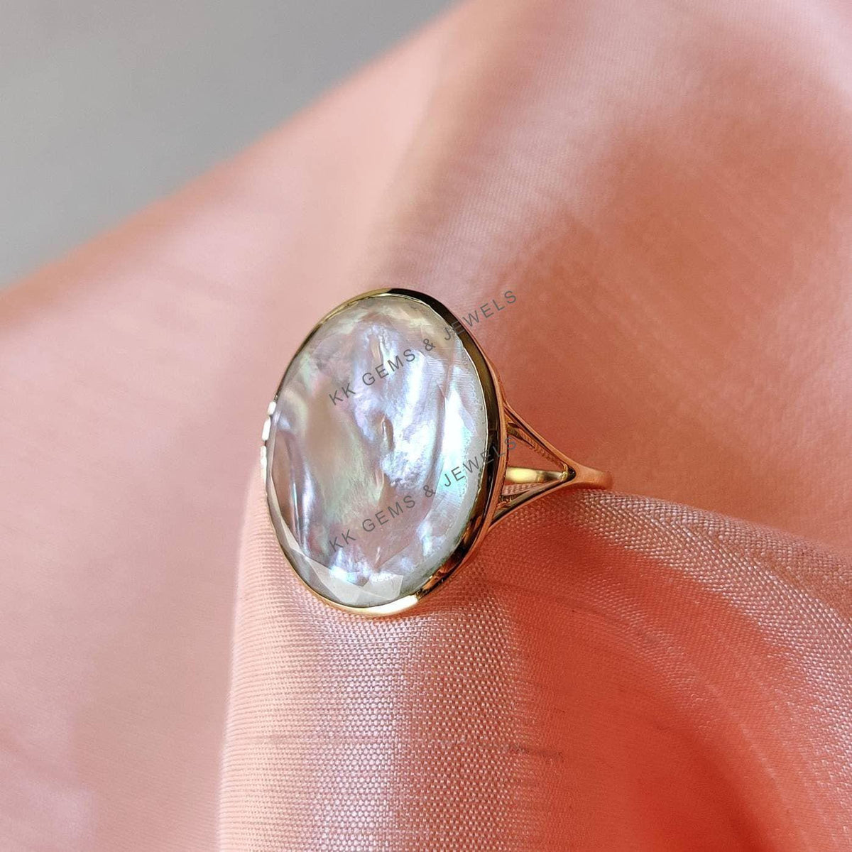 Natural Mother of Pearl Ring, 14K Solid Gold Bezel, June Birthstone