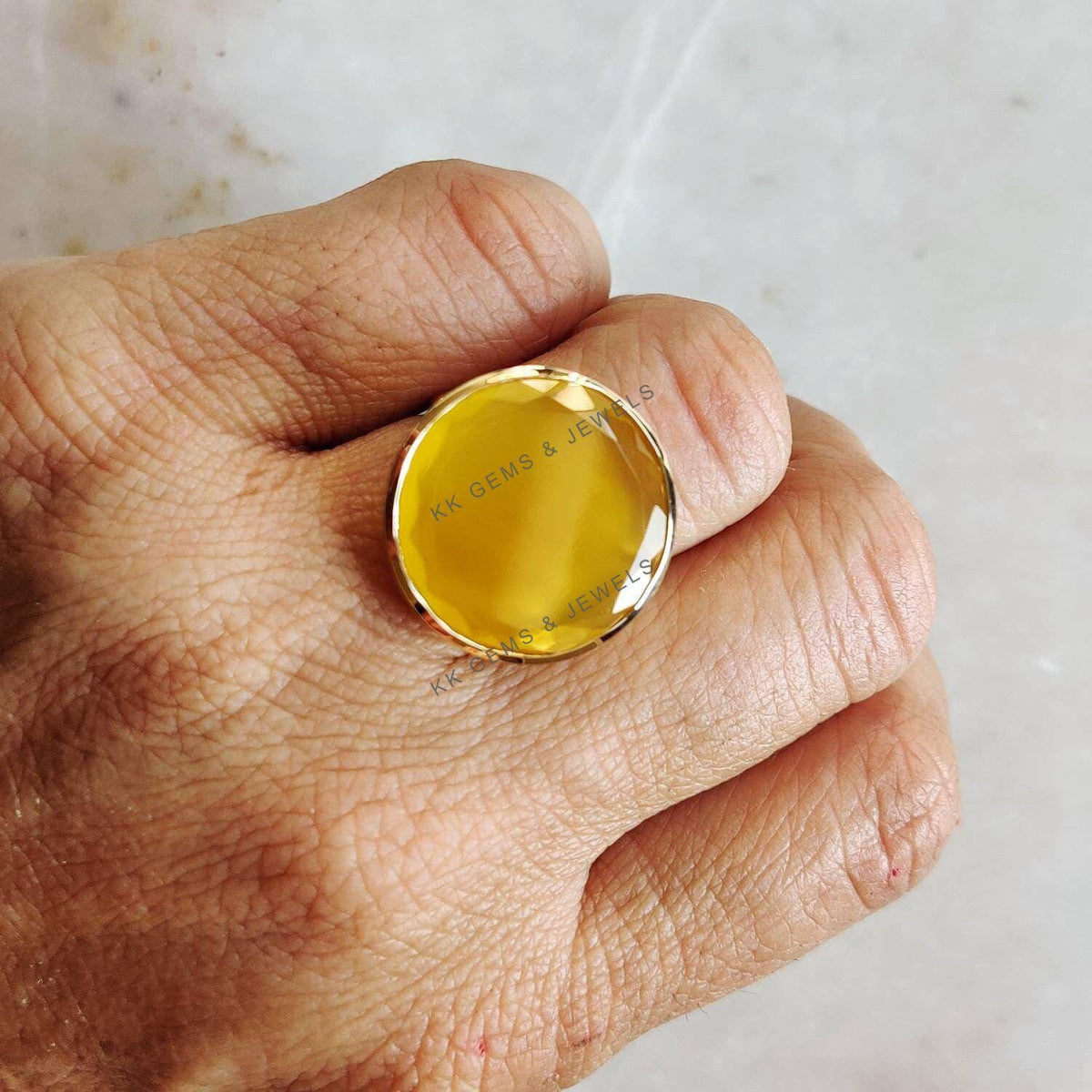 Natural Yellow Onyx 14K Solid Yellow Gold Ring, Statement Jewelry