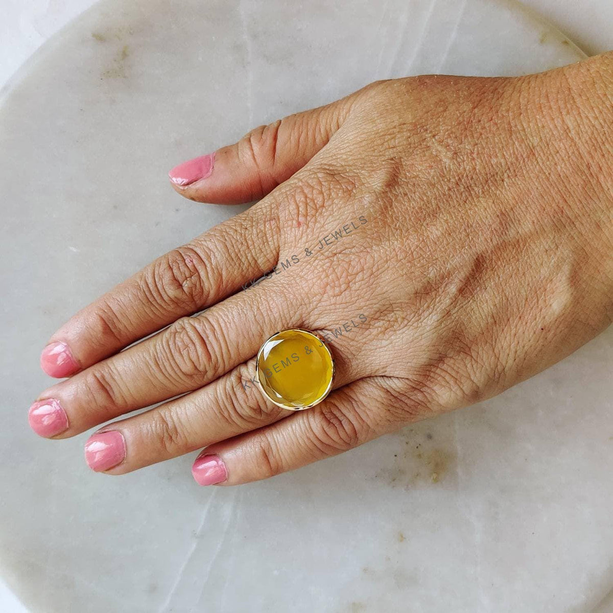 Natural Yellow Onyx 14K Solid Yellow Gold Ring, Statement Jewelry