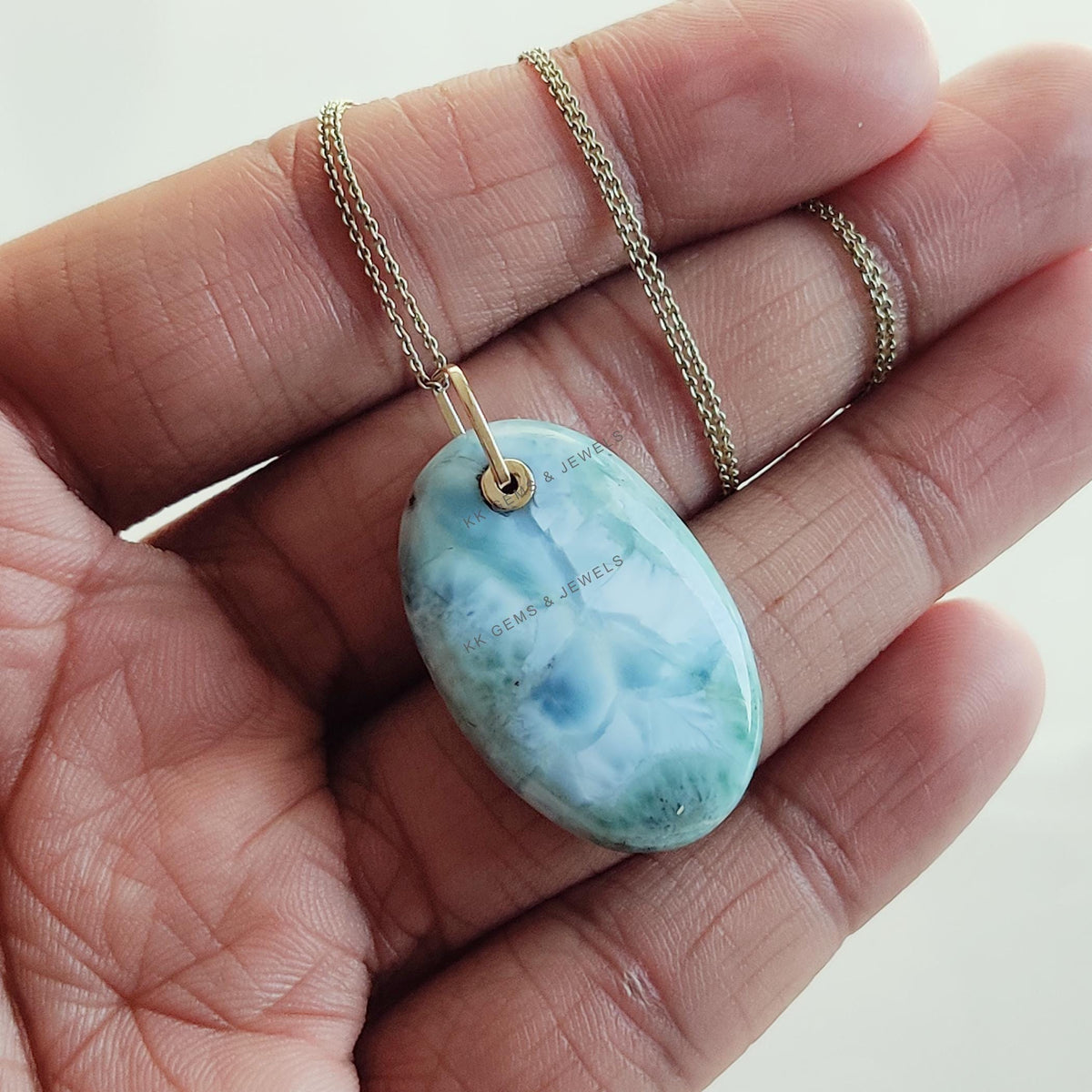 Natural Oval Larimar Pendant, 14K Solid Yellow Gold, Handmade Drill Jewelry