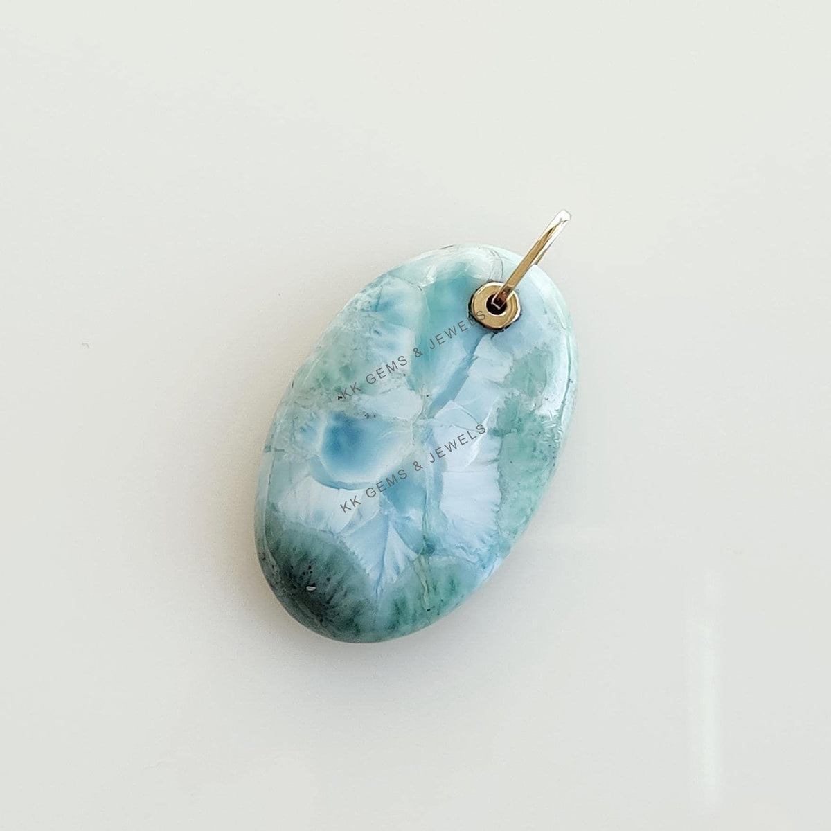 Natural Oval Larimar Pendant, 14K Solid Yellow Gold, Handmade Drill Jewelry