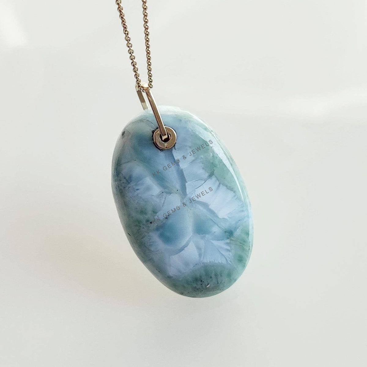Natural Oval Larimar Pendant, 14K Solid Yellow Gold, Handmade Drill Jewelry