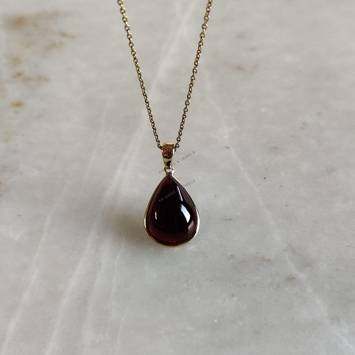 14K Solid Yellow Gold Natural Garnet Pendant: Pear Cabochon January Birthstone