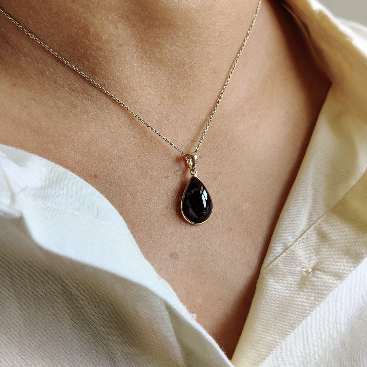14K Solid Yellow Gold Natural Garnet Pendant: Pear Cabochon January Birthstone