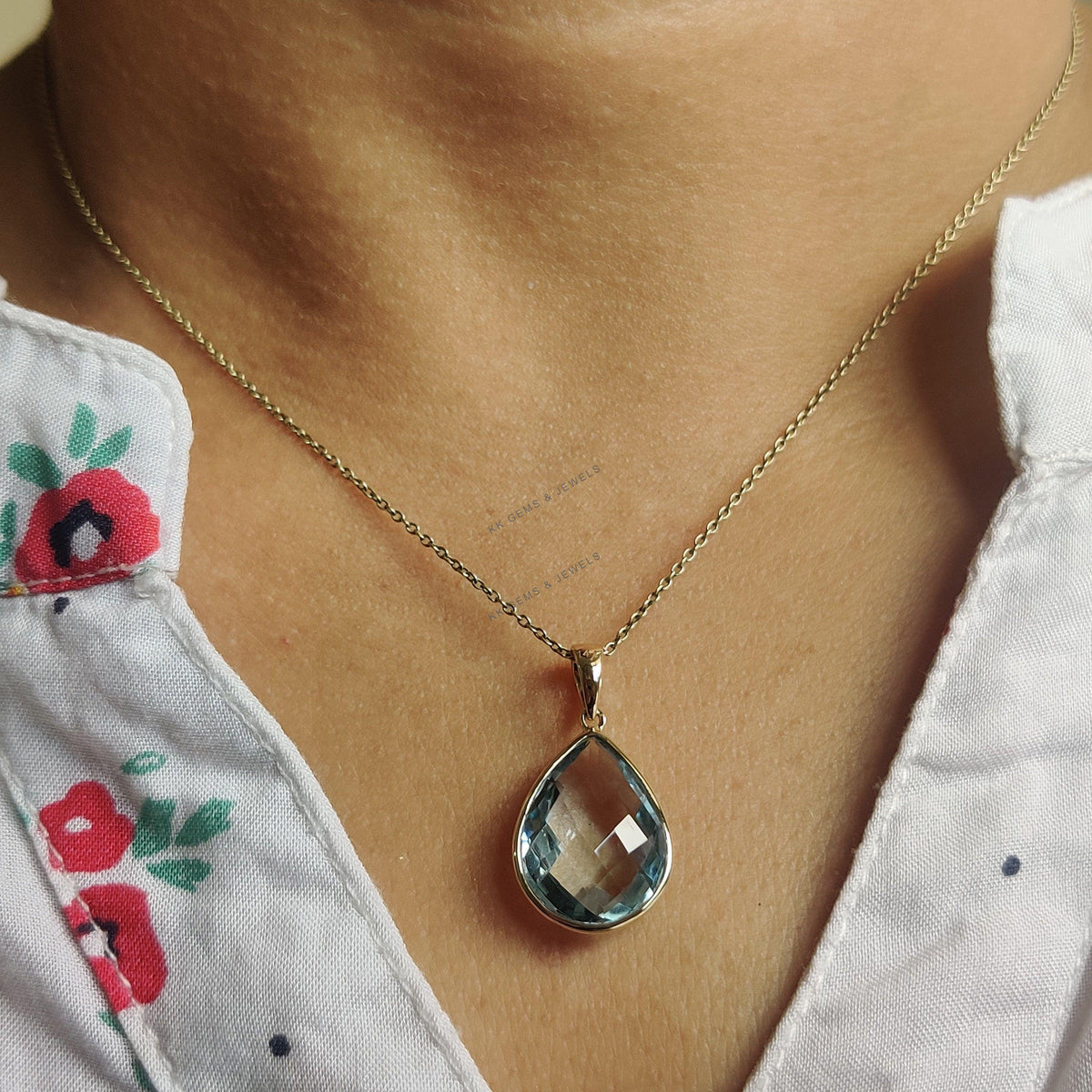 14K Solid Gold Natural Sky Blue Topaz Pear Pendant, December Birthstone