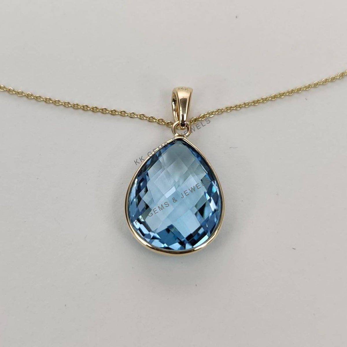 14K Solid Gold Natural Sky Blue Topaz Pear Pendant, December Birthstone