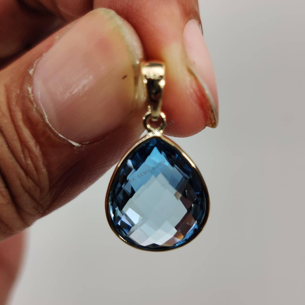 14K Solid Gold Natural Sky Blue Topaz Pear Pendant, December Birthstone