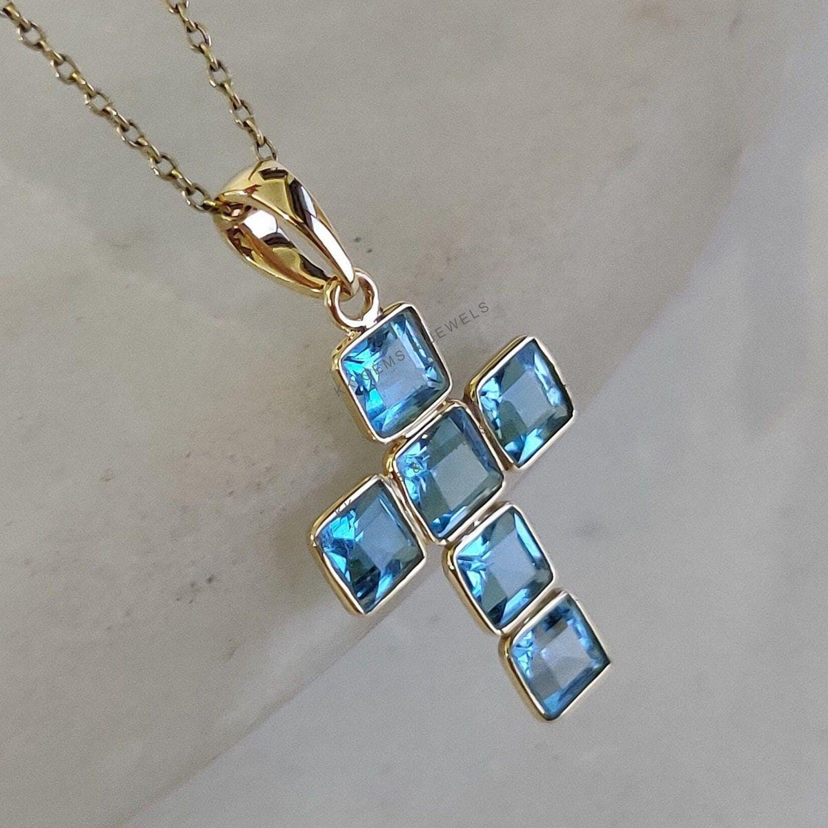 14K Solid Yellow Gold Natural Swiss Blue Topaz Cross Pendant, December Birthstone