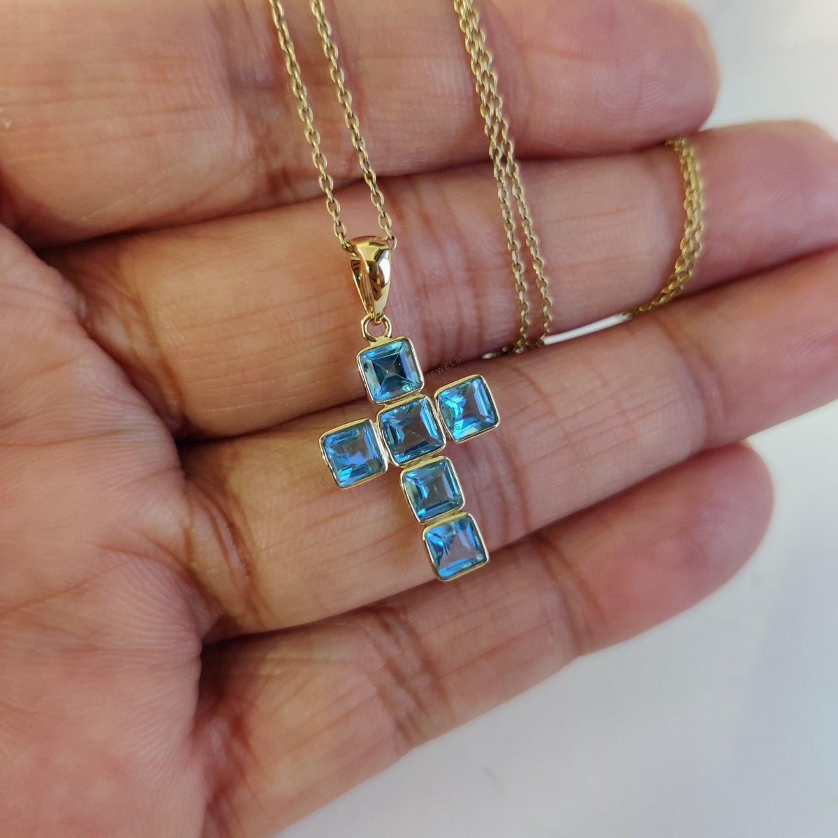 14K Solid Yellow Gold Natural Swiss Blue Topaz Cross Pendant, December Birthstone