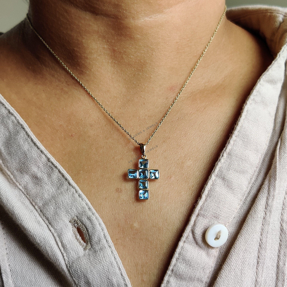 14K Solid Yellow Gold Natural Swiss Blue Topaz Cross Pendant, December Birthstone