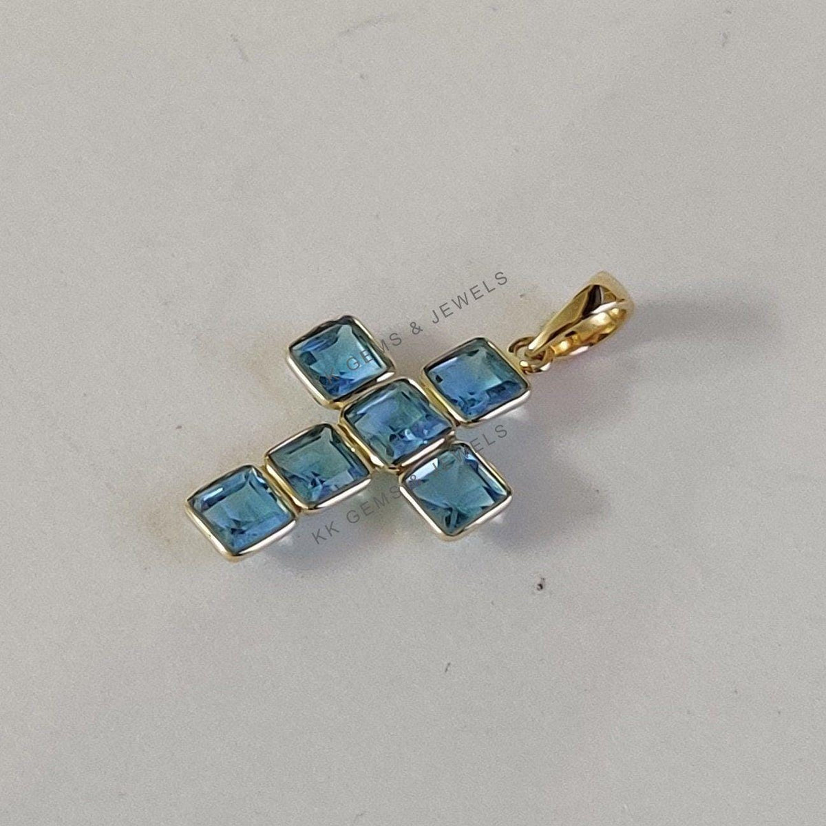 14K Solid Yellow Gold Natural Swiss Blue Topaz Cross Pendant, December Birthstone