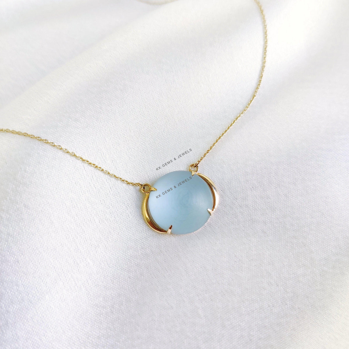 14K Solid Yellow Gold Frosted Natural Sky Blue Topaz Chain Necklace, December Birthstone