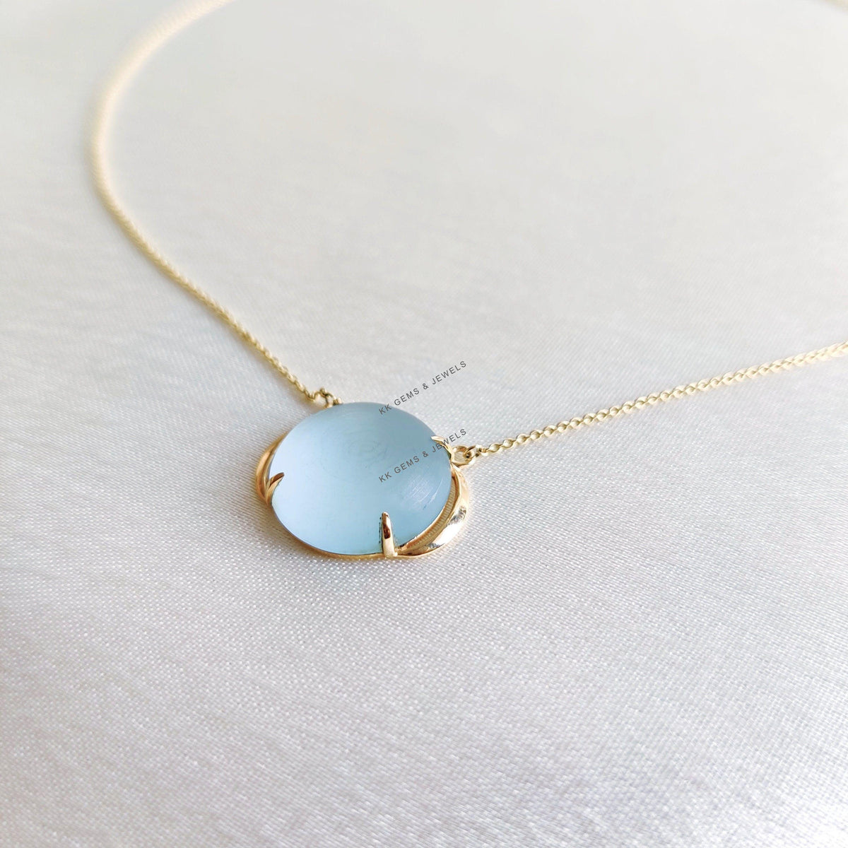 14K Solid Yellow Gold Frosted Natural Sky Blue Topaz Chain Necklace, December Birthstone