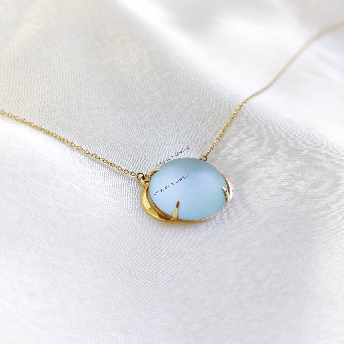 14K Solid Yellow Gold Frosted Natural Sky Blue Topaz Chain Necklace, December Birthstone