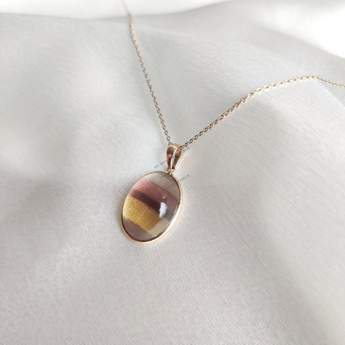 Oval Natural Fluorite Pendant, 14K Solid Yellow Gold Pendant, March Birthstone