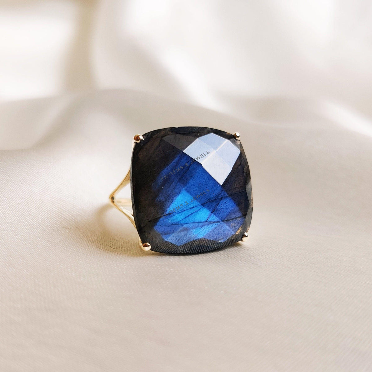 14K Solid Gold Natural Labradorite Ring, Checker Cut Cushion Gemstone