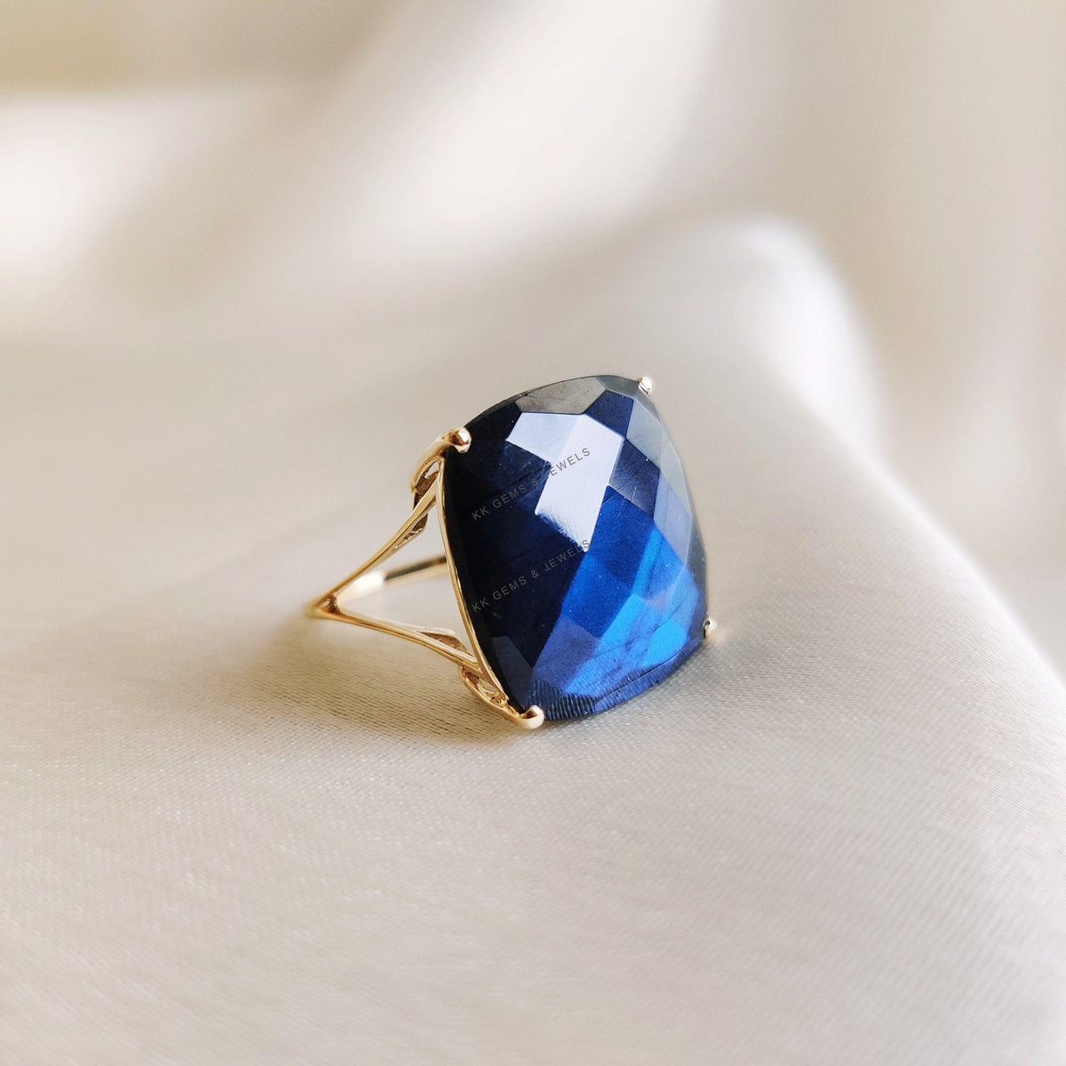 14K Solid Gold Natural Labradorite Ring, Checker Cut Cushion Gemstone