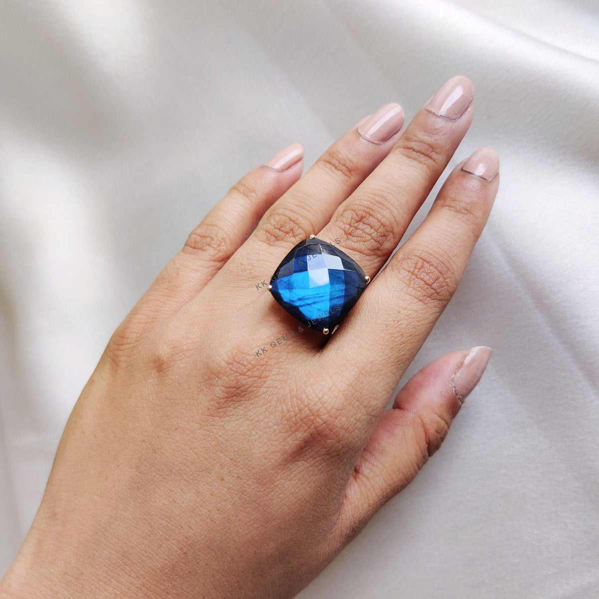 14K Solid Gold Natural Labradorite Ring, Checker Cut Cushion Gemstone
