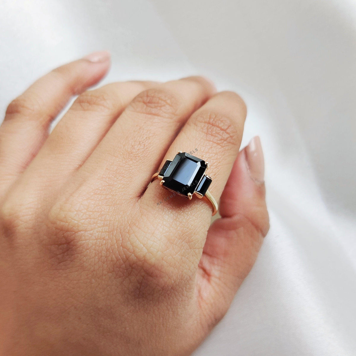 Emerald Cut Natural Black Spinel Ring: 14K Solid Yellow Gold December Birthstone