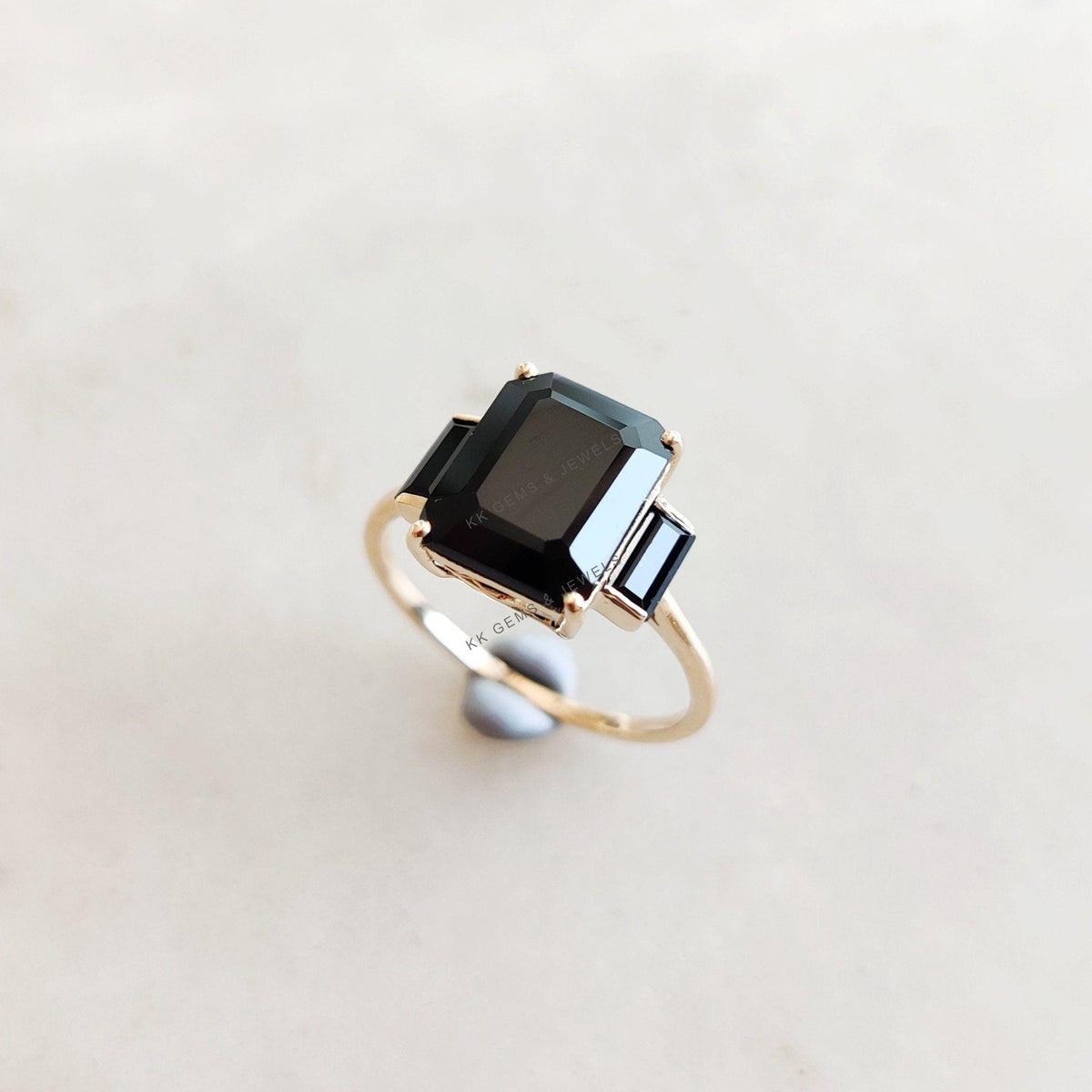 Emerald Cut Natural Black Spinel Ring: 14K Solid Yellow Gold December Birthstone