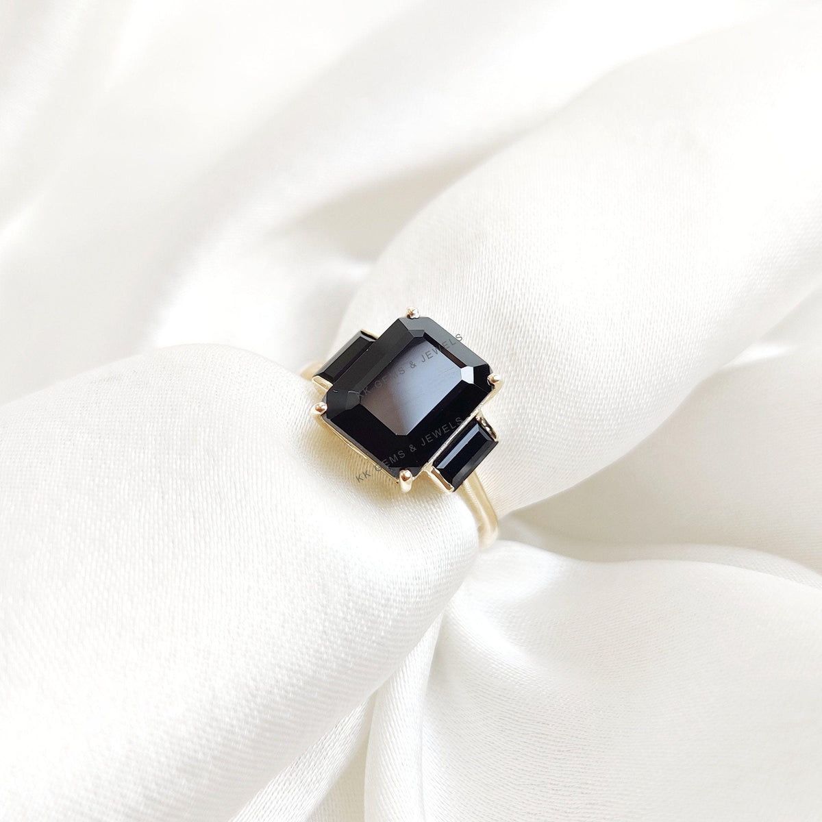 Emerald Cut Natural Black Spinel Ring: 14K Solid Yellow Gold December Birthstone