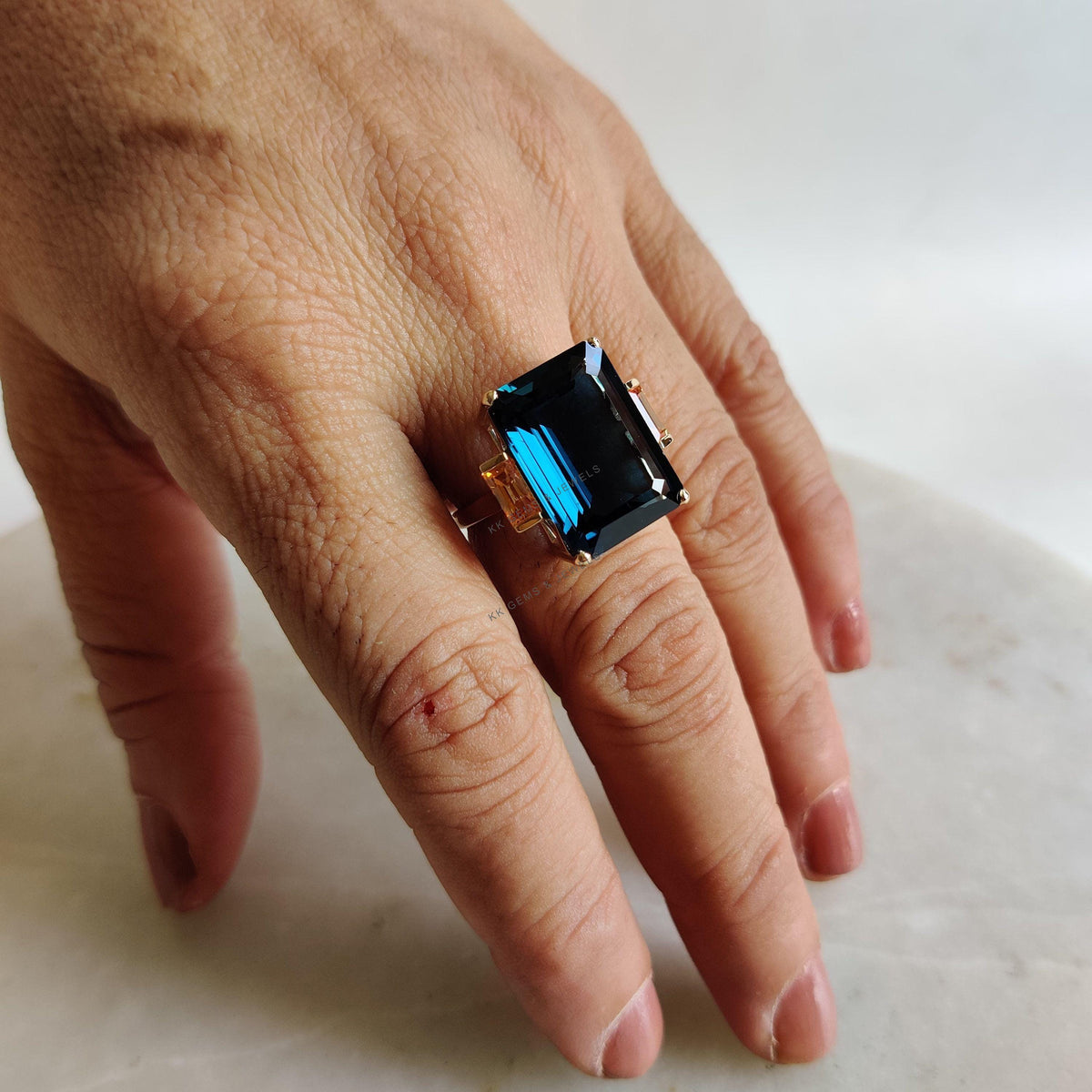 Natural London Blue Topaz & Orange Sapphire Ring, 14K Solid Yellow Gold Engagement Ring
