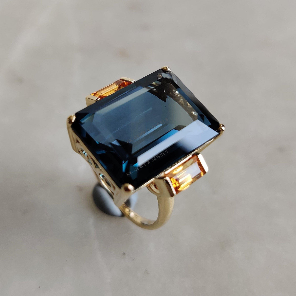 Natural London Blue Topaz & Orange Sapphire Ring, 14K Solid Yellow Gold Engagement Ring