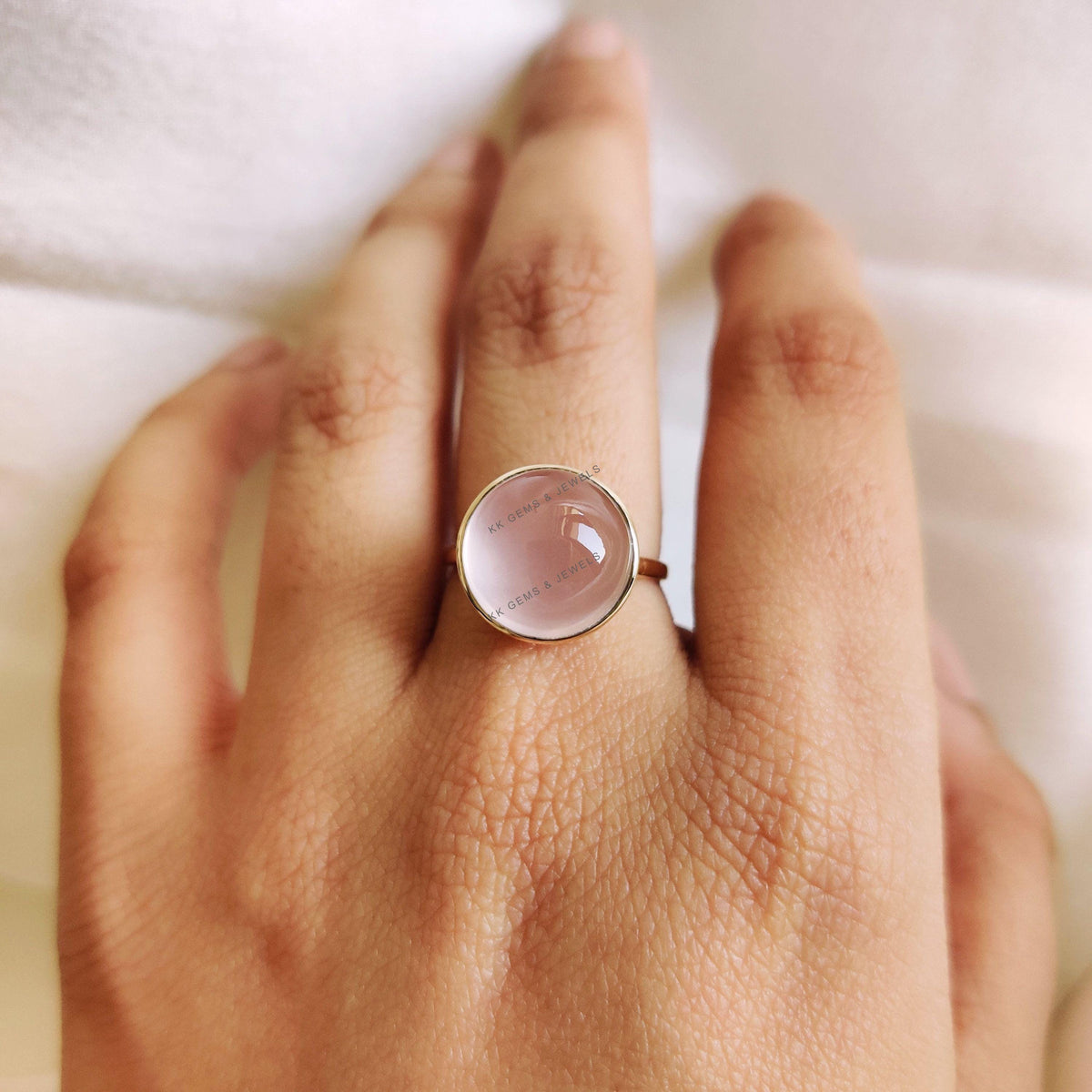 14K Solid Gold Natural Rose Quartz Ring, Round Cabochon, January Birthstone