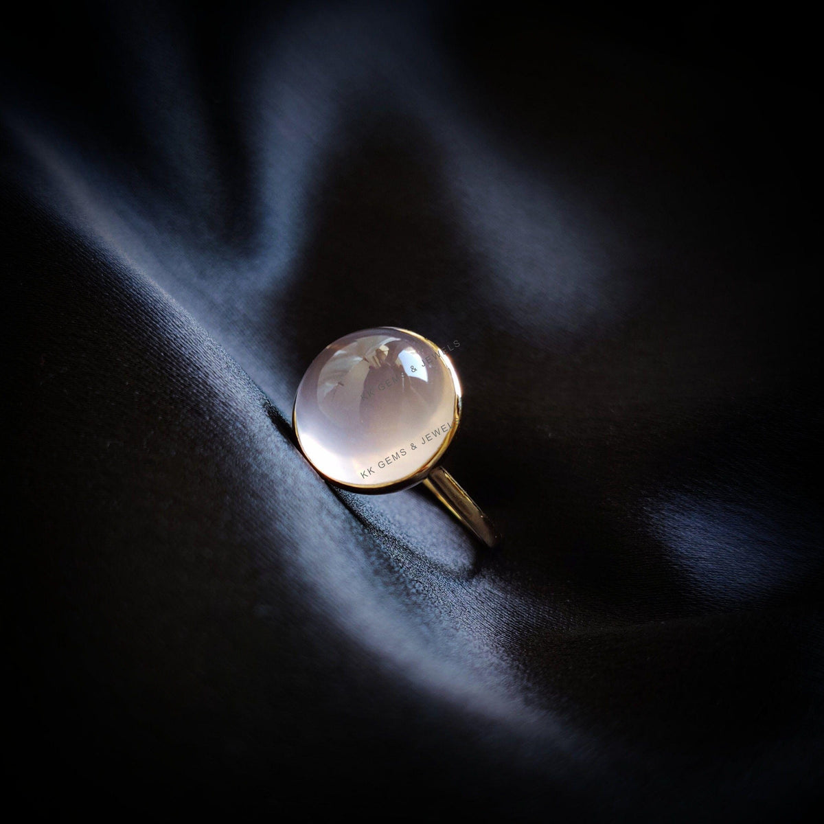 14K Solid Gold Natural Rose Quartz Ring, Round Cabochon, January Birthstone