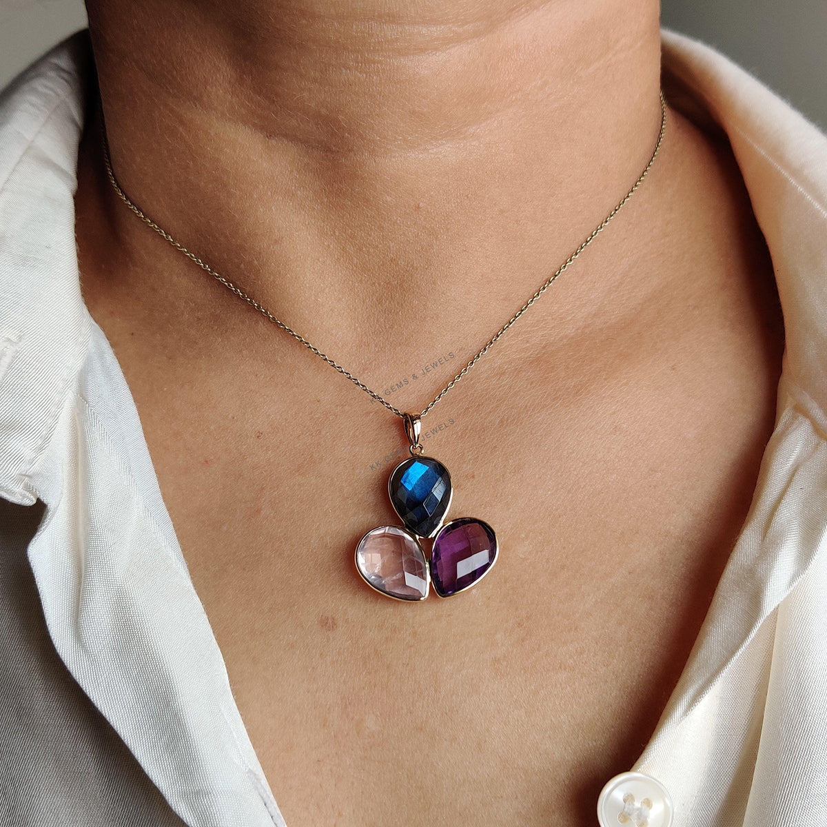 14K Solid Yellow Gold Natural Labradorite & Purple Amethyst Rose Quartz Pendant, Multi Stone Pendant