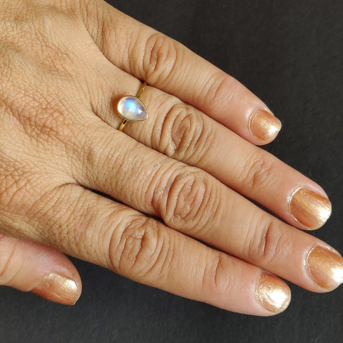 14K Solid Gold Natural Rainbow Moonstone Ring: Pear Bezel, June Birthstone