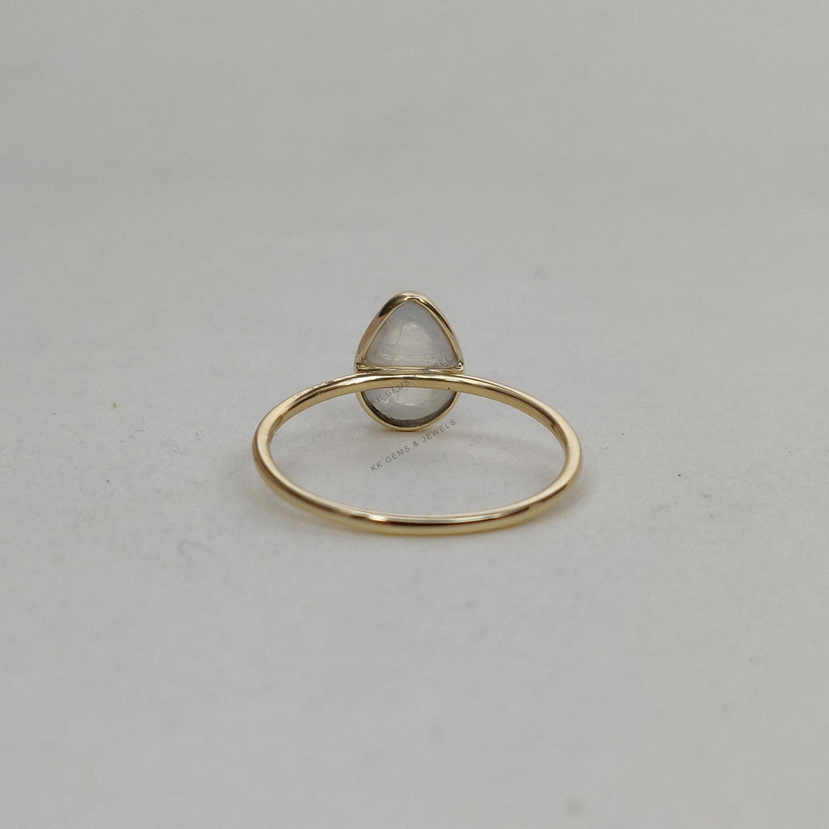 14K Solid Gold Natural Rainbow Moonstone Ring: Pear Bezel, June Birthstone