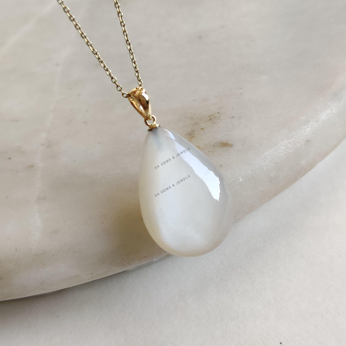 14K Solid Yellow Gold Natural White Moonstone Drill Pendant, June Birthstone Jewelry