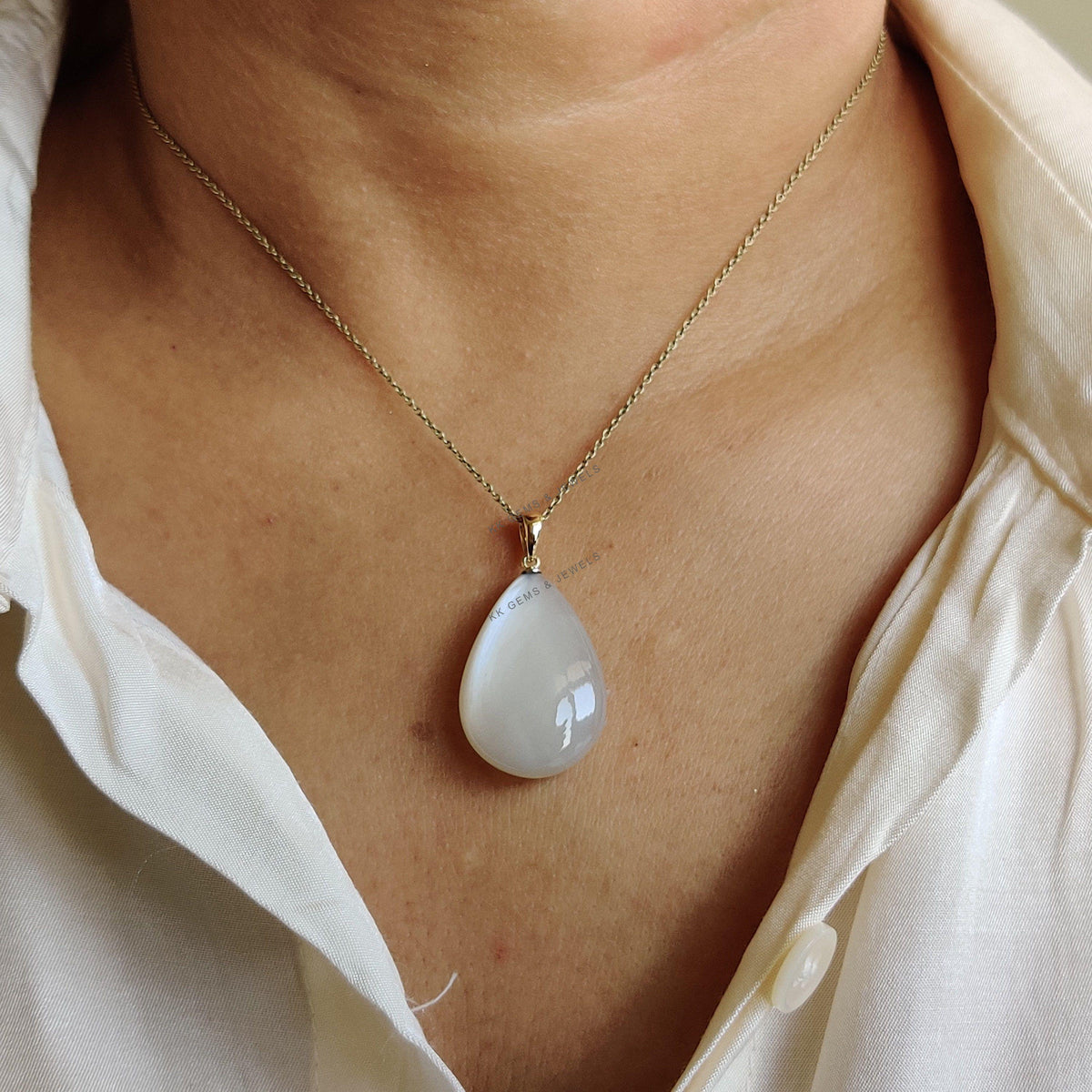 14K Solid Yellow Gold Natural White Moonstone Drill Pendant, June Birthstone Jewelry