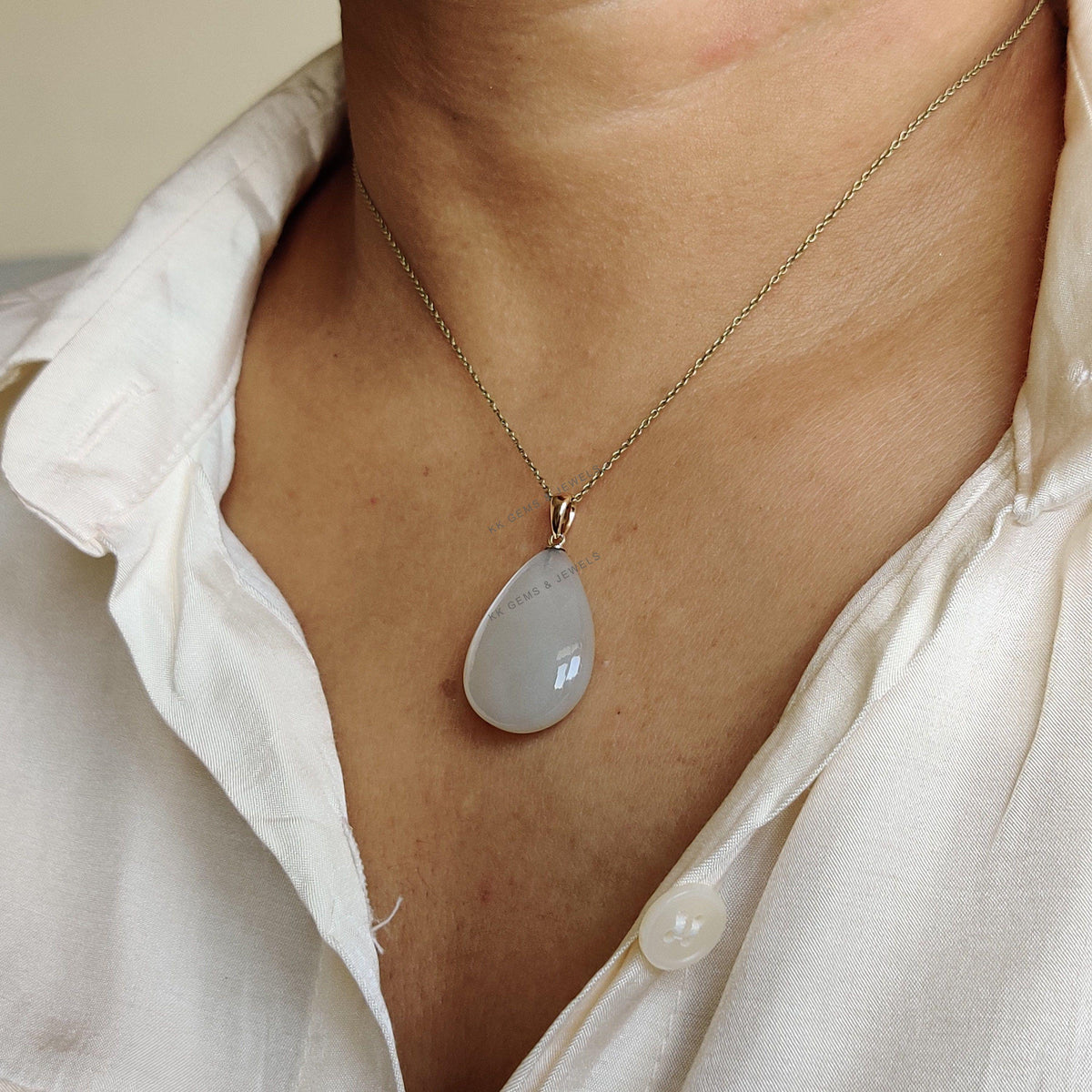 14K Solid Yellow Gold Natural White Moonstone Drill Pendant, June Birthstone Jewelry