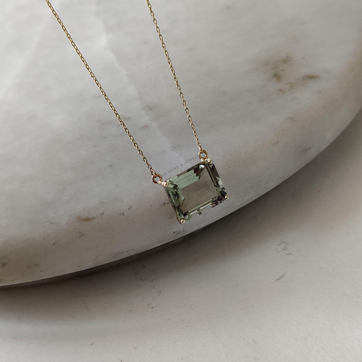 Natural Green Amethyst 14K Solid Yellow Gold Chain Necklace, February Birthstone