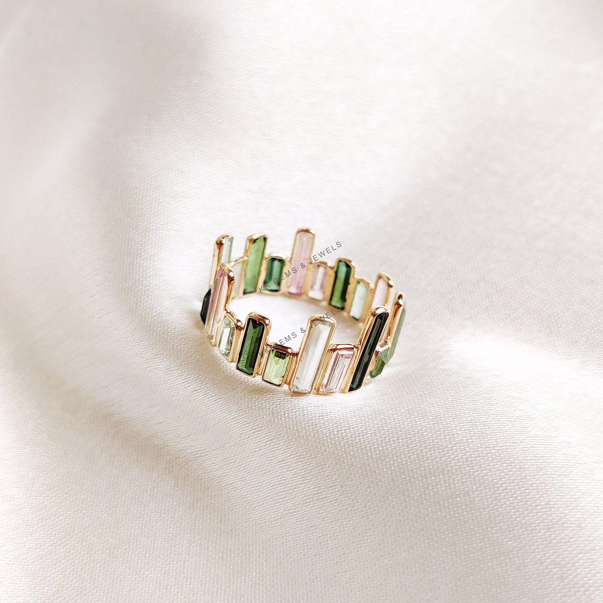 14K Solid Gold Natural Multi Tourmaline Baguette Ring, October Birthstone