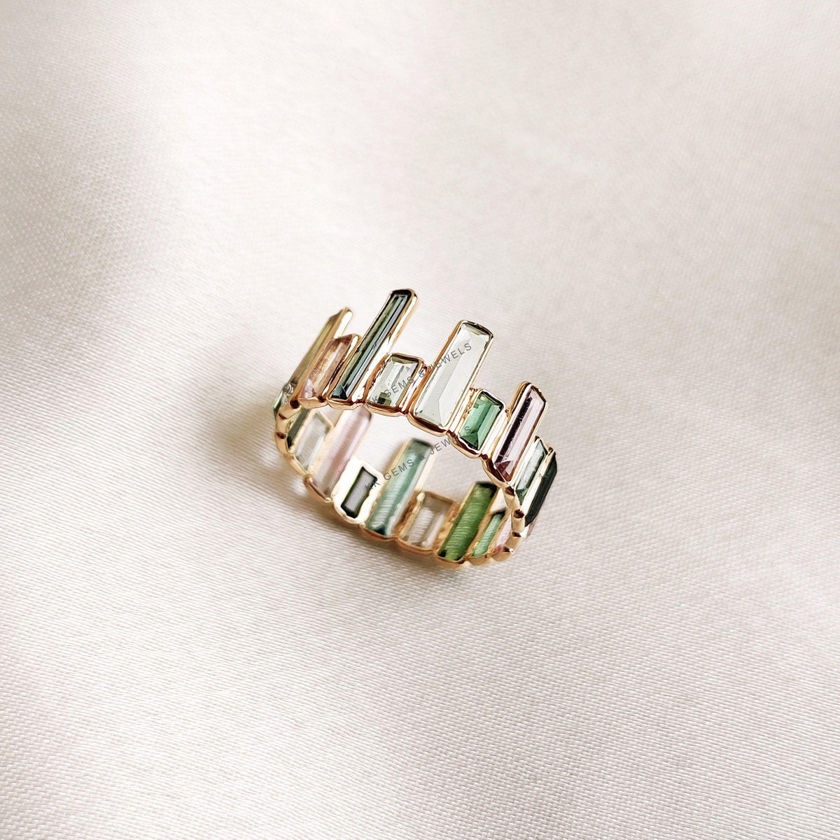 14K Solid Gold Natural Multi Tourmaline Baguette Ring, October Birthstone