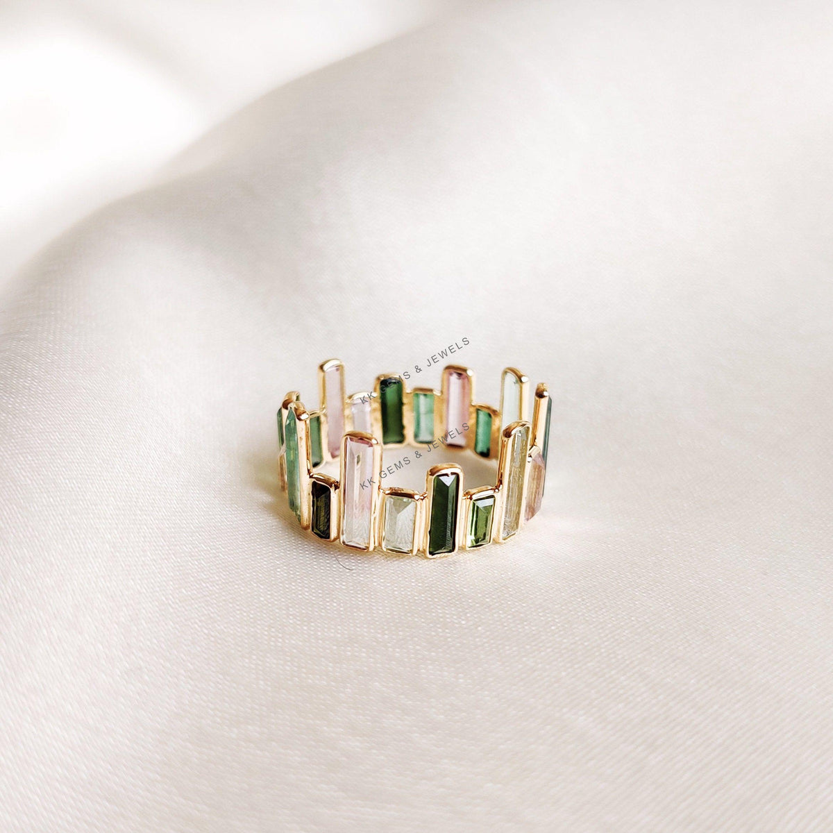 14K Solid Gold Natural Multi Tourmaline Baguette Ring, October Birthstone