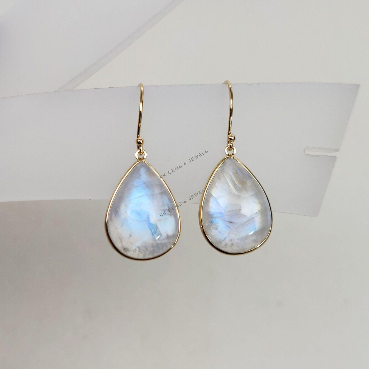 14K Solid Gold Natural Rainbow Moonstone Earrings, Pear Cabochon, June Birthstone