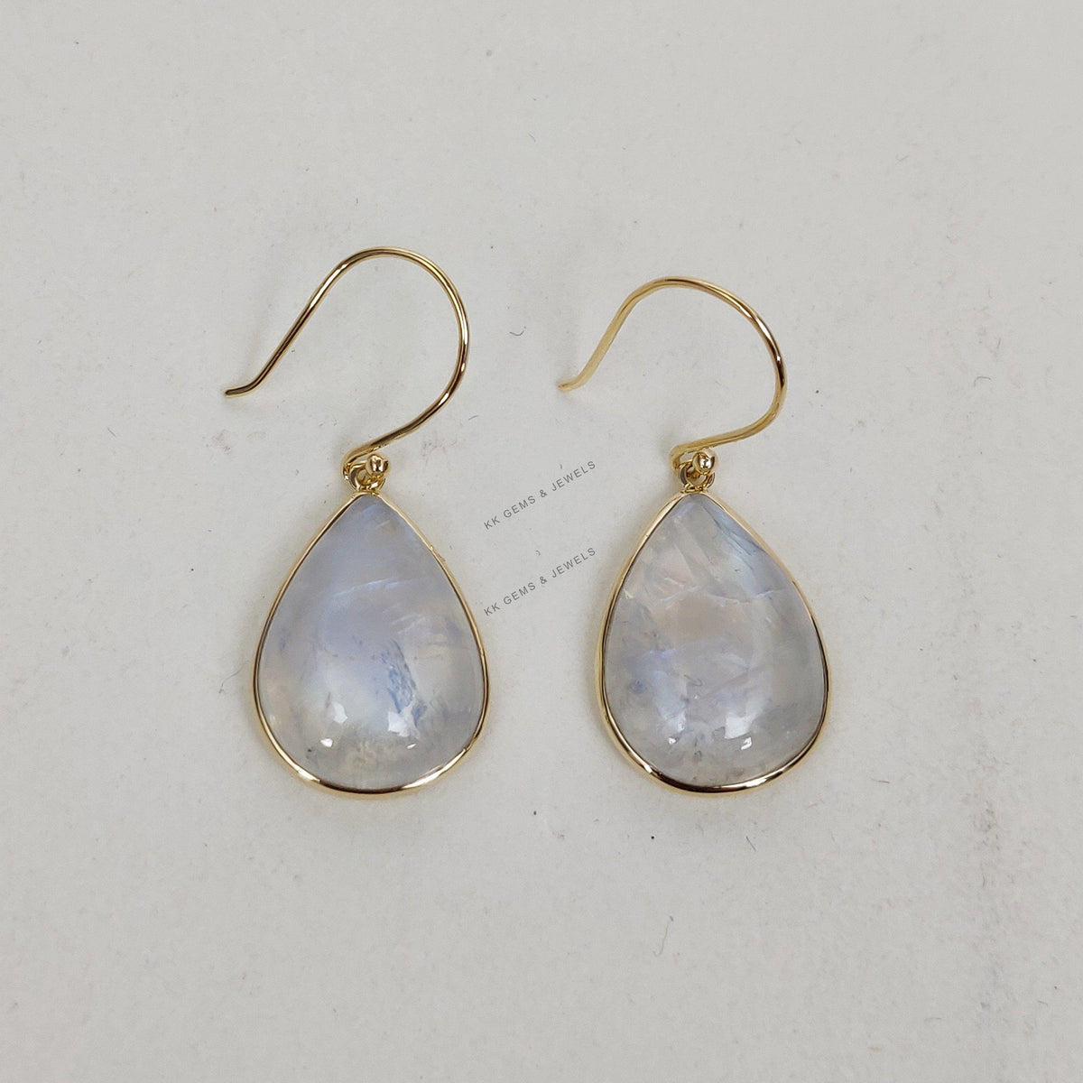 14K Solid Gold Natural Rainbow Moonstone Earrings, Pear Cabochon, June Birthstone