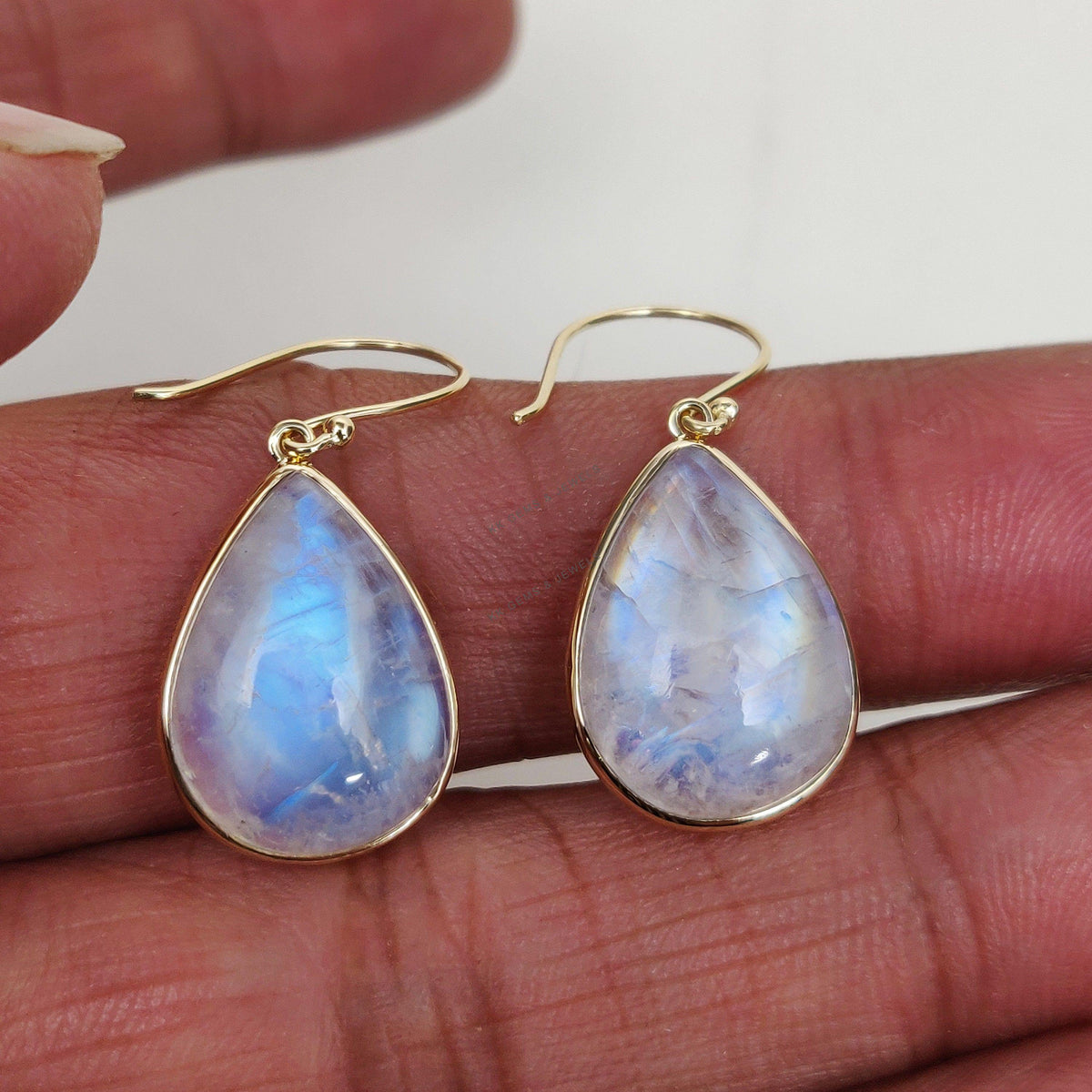 14K Solid Gold Natural Rainbow Moonstone Earrings, Pear Cabochon, June Birthstone