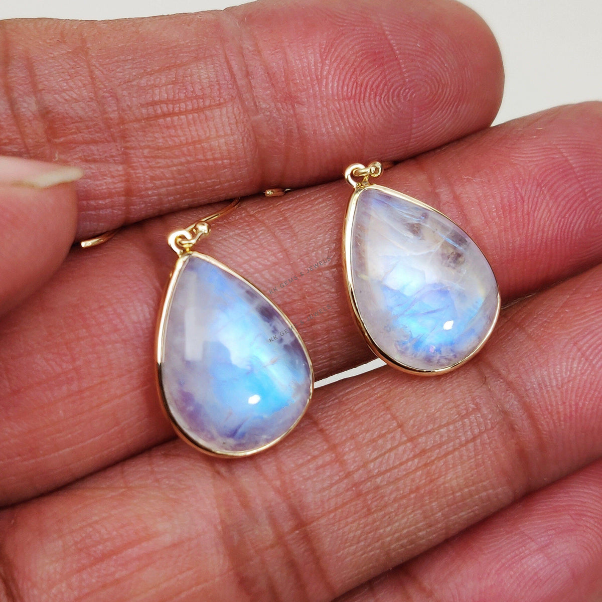 14K Solid Gold Natural Rainbow Moonstone Earrings, Pear Cabochon, June Birthstone