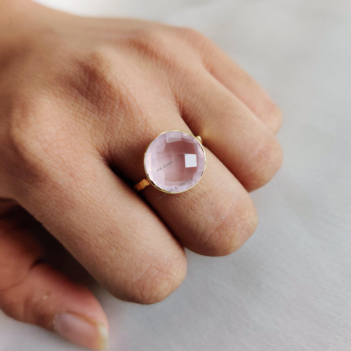 14K Solid Yellow Gold Natural Rose Quartz Ring, Briolette Cut, January Birthstone