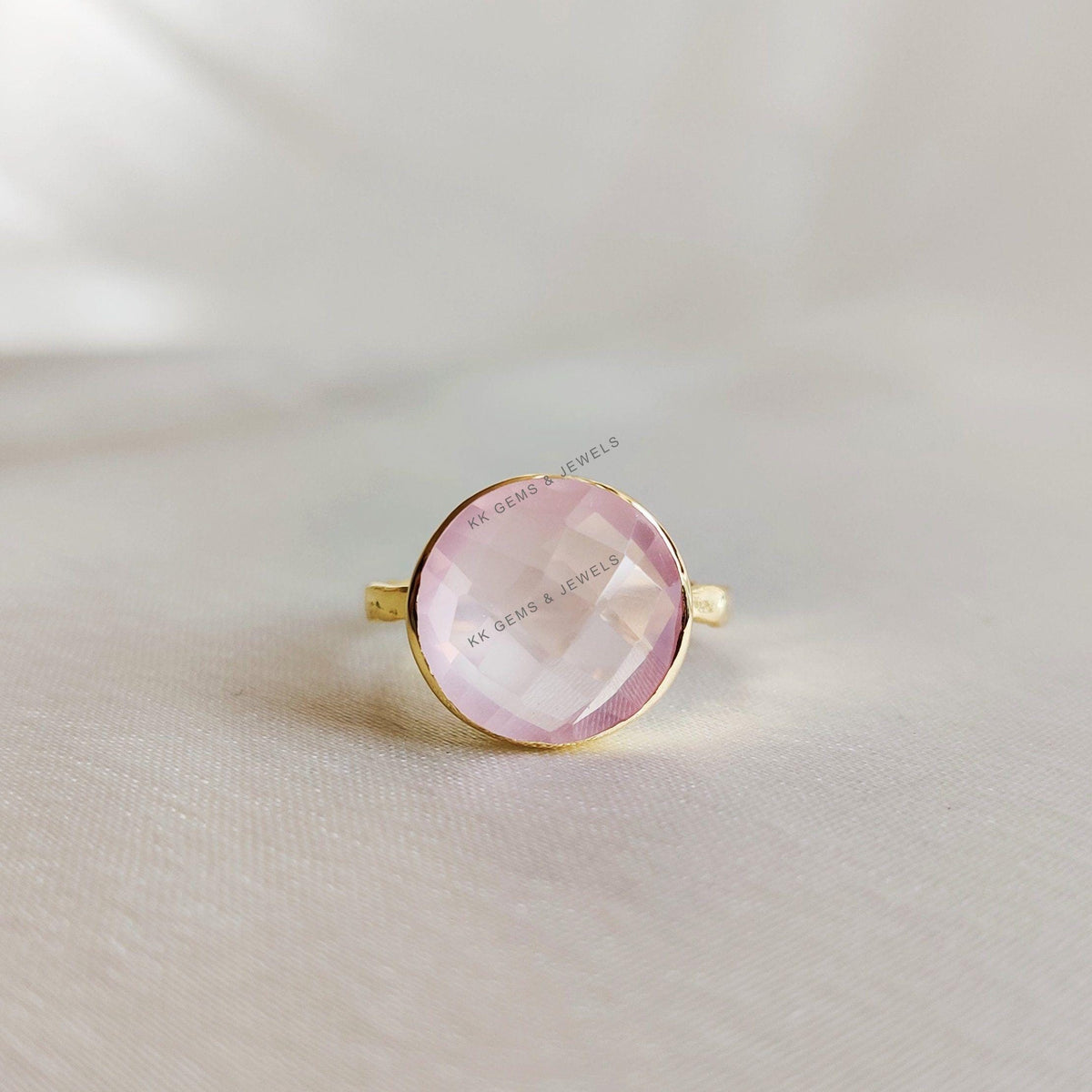 14K Solid Yellow Gold Natural Rose Quartz Ring, Briolette Cut, January Birthstone