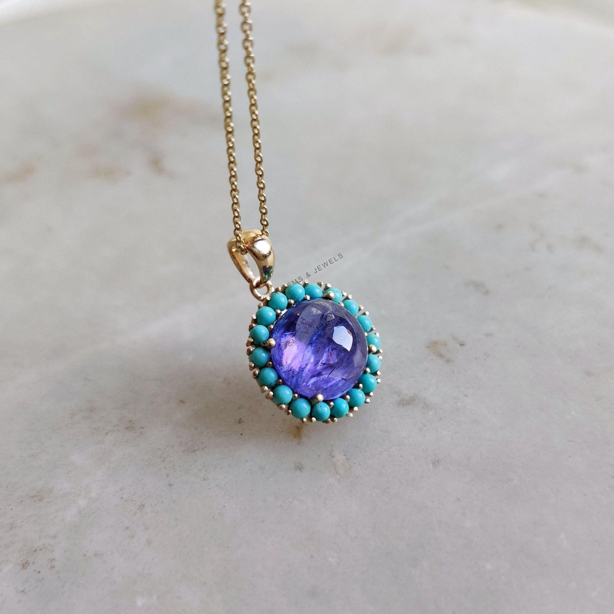 14K Solid Yellow Gold Natural Tanzanite & Turquoise Pendant, December Birthstone