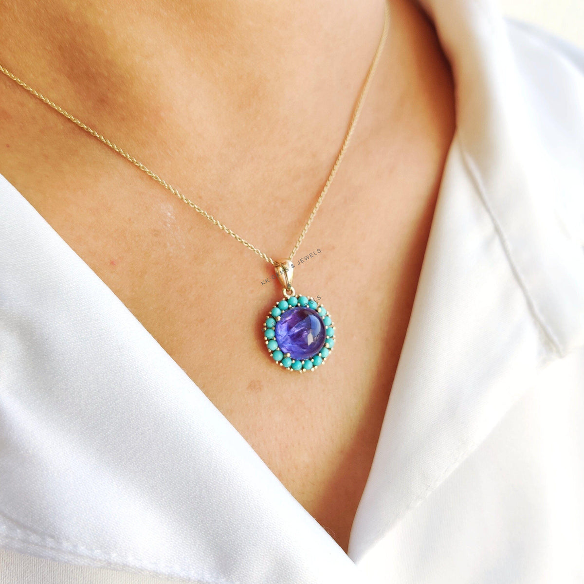 14K Solid Yellow Gold Natural Tanzanite & Turquoise Pendant, December Birthstone