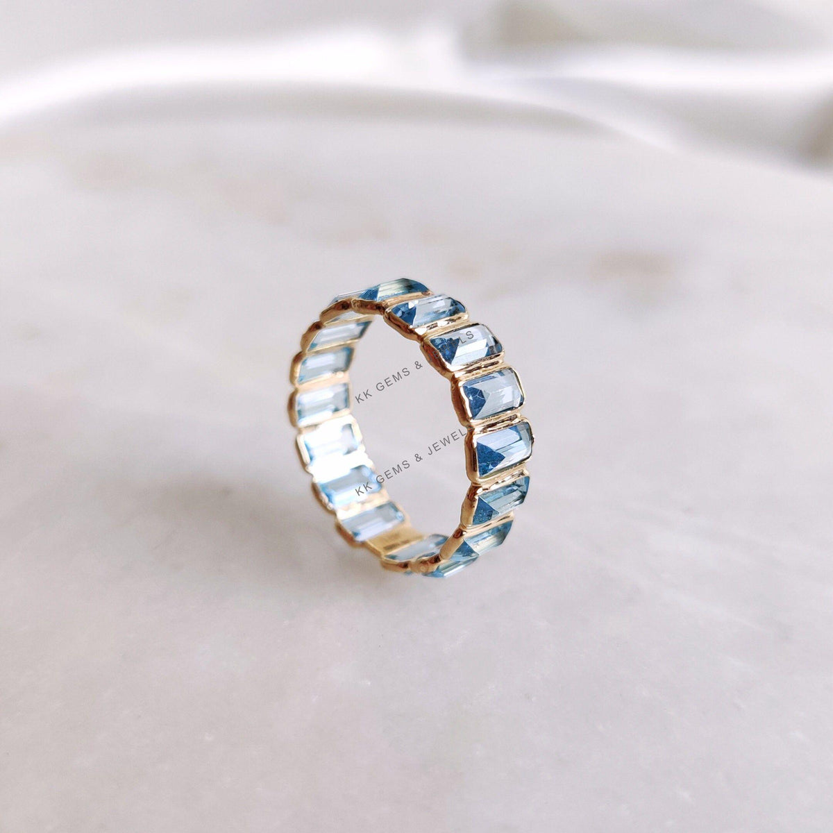 Natural Swiss Blue Topaz 14K Solid Yellow Gold Baguette Infinity Band, December Birthstone