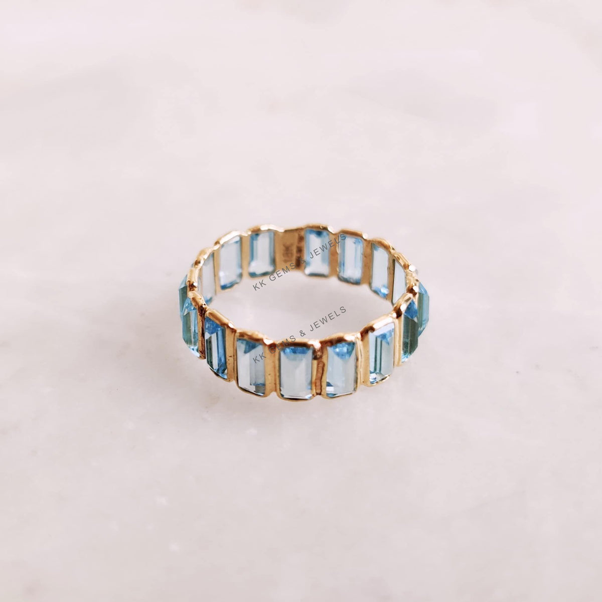 Natural Swiss Blue Topaz 14K Solid Yellow Gold Baguette Infinity Band, December Birthstone