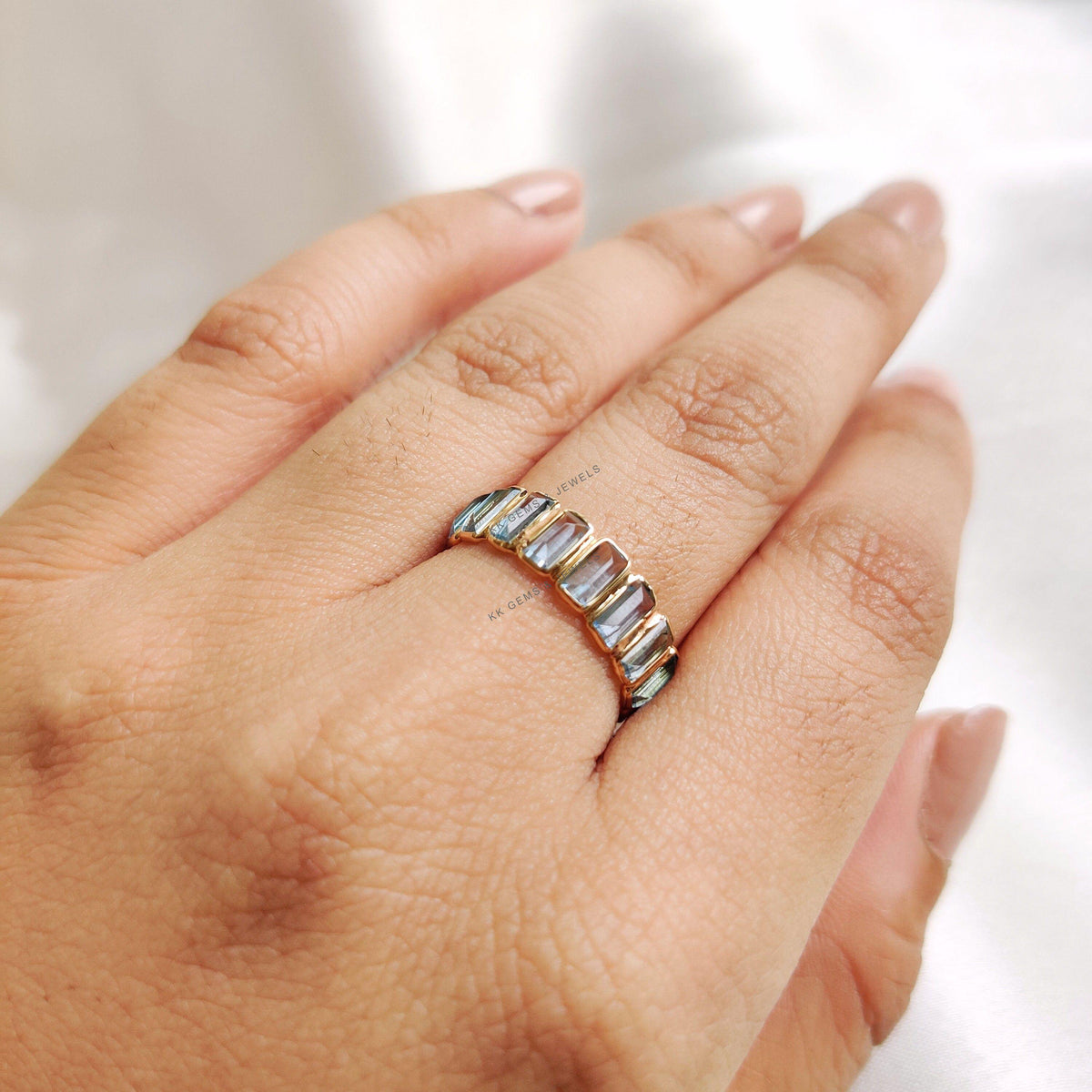 Natural Swiss Blue Topaz 14K Solid Yellow Gold Baguette Infinity Band, December Birthstone